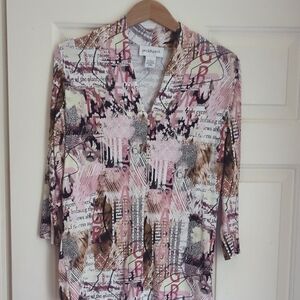 Peck & Peck Pink Multi-Print V-Neck Stetchy Unique Top NO Flaws